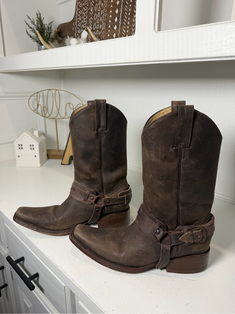 San Pedro Womens 6.5 Brown Leather Harness Boots Western Moto Engineer